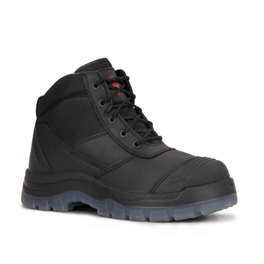 ROCKROOSTER Crisson Black 6 inch Zip Sided Steel Toe Leather Work Boots showcasing side zipper and durable leather design.