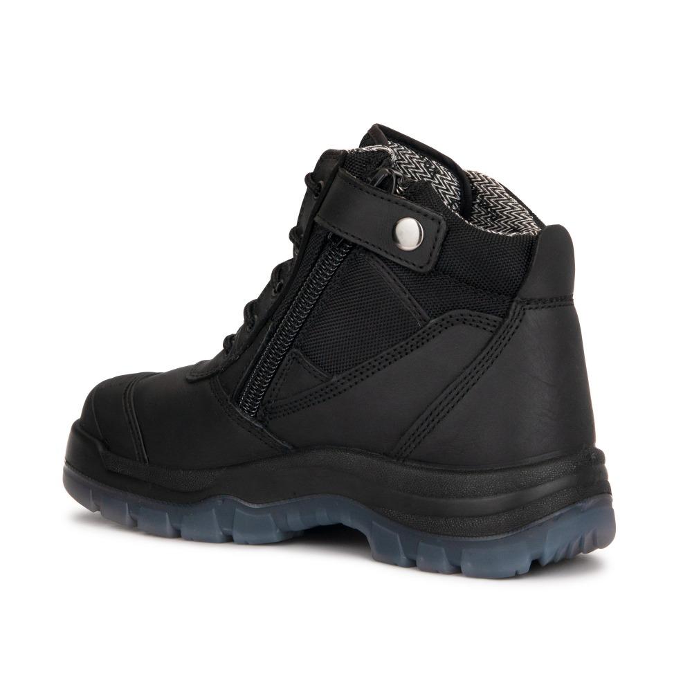 ROCKROOSTER Crisson Black 6 inch Zip Sided Steel Toe Leather Work Boots showcasing side zipper and durable leather design.