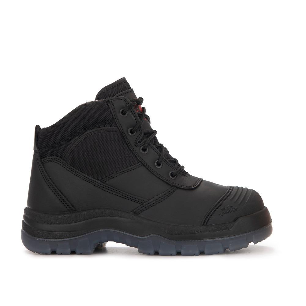 ROCKROOSTER Crisson Black 6 inch Zip Sided Steel Toe Leather Work Boots showcasing side zipper and durable leather design.