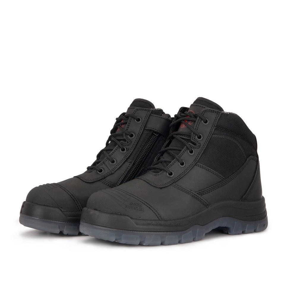 ROCKROOSTER Crisson Black 6 inch Zip Sided Steel Toe Leather Work Boots showcasing side zipper and durable leather design.