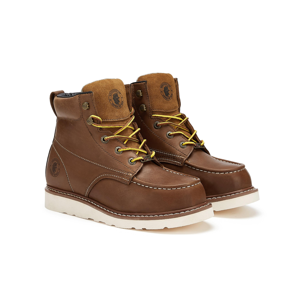 ROCKROOSTER Edgewood Men's 6 inch Brown soft toe wedge work boots showcasing durable leather and slip-resistant outsole.