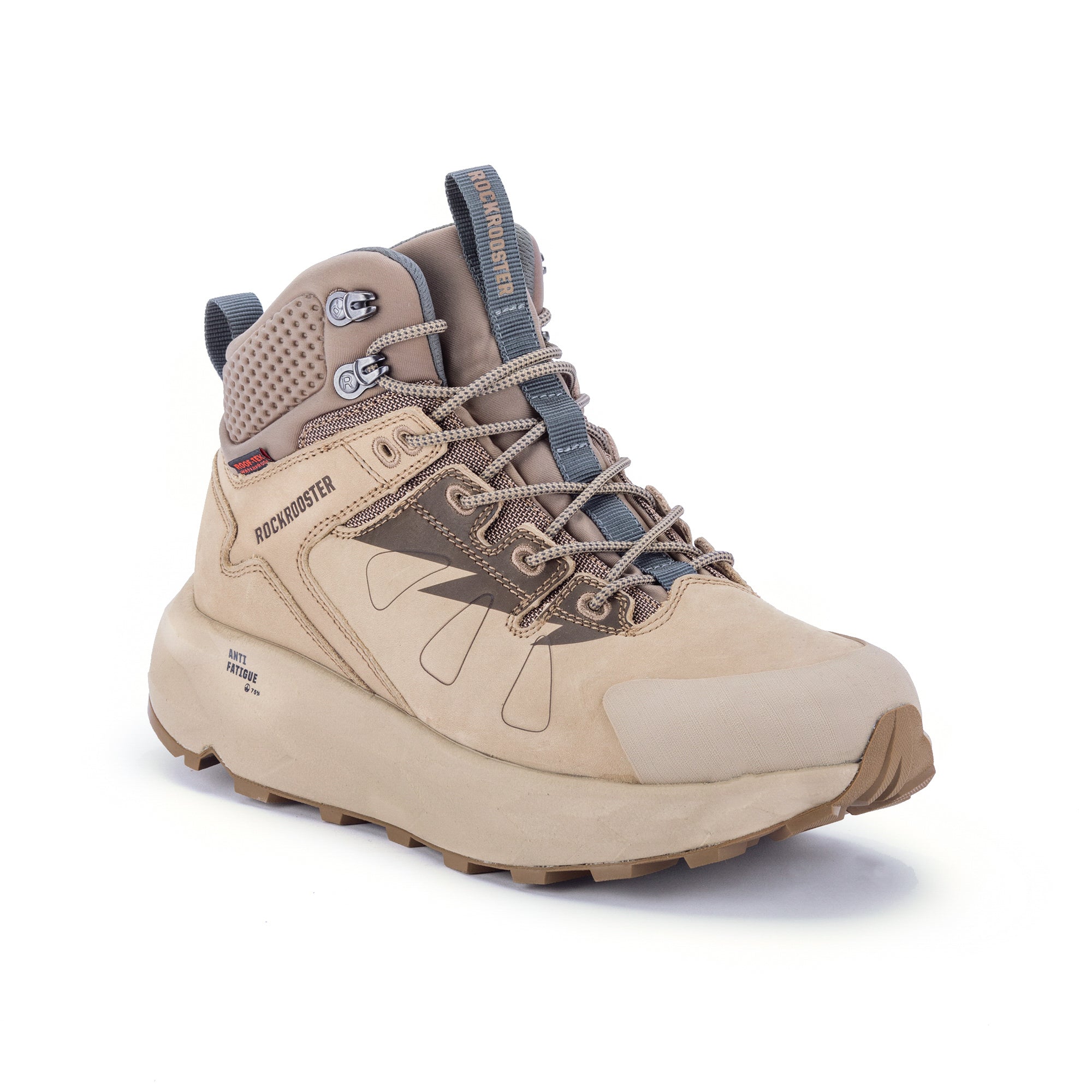 ROCKROOSTER Farmington Sand 6 Inch Waterproof Hiking Boots showcasing nubuck leather and Vibram outsole.