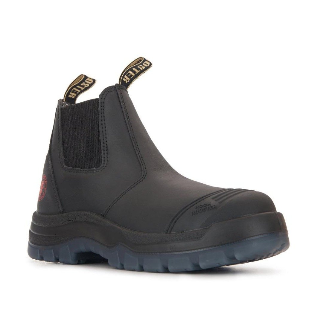 ROCKROOSTER Lumen Black 6 inch Pull on Leather Work Boots, showcasing durable leather and slip-resistant outsole.