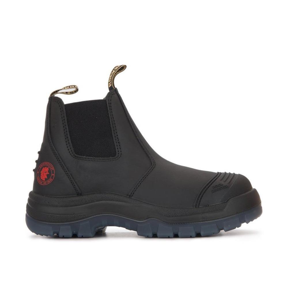 ROCKROOSTER Lumen Black 6 inch Pull on Leather Work Boots, showcasing durable leather and slip-resistant outsole.