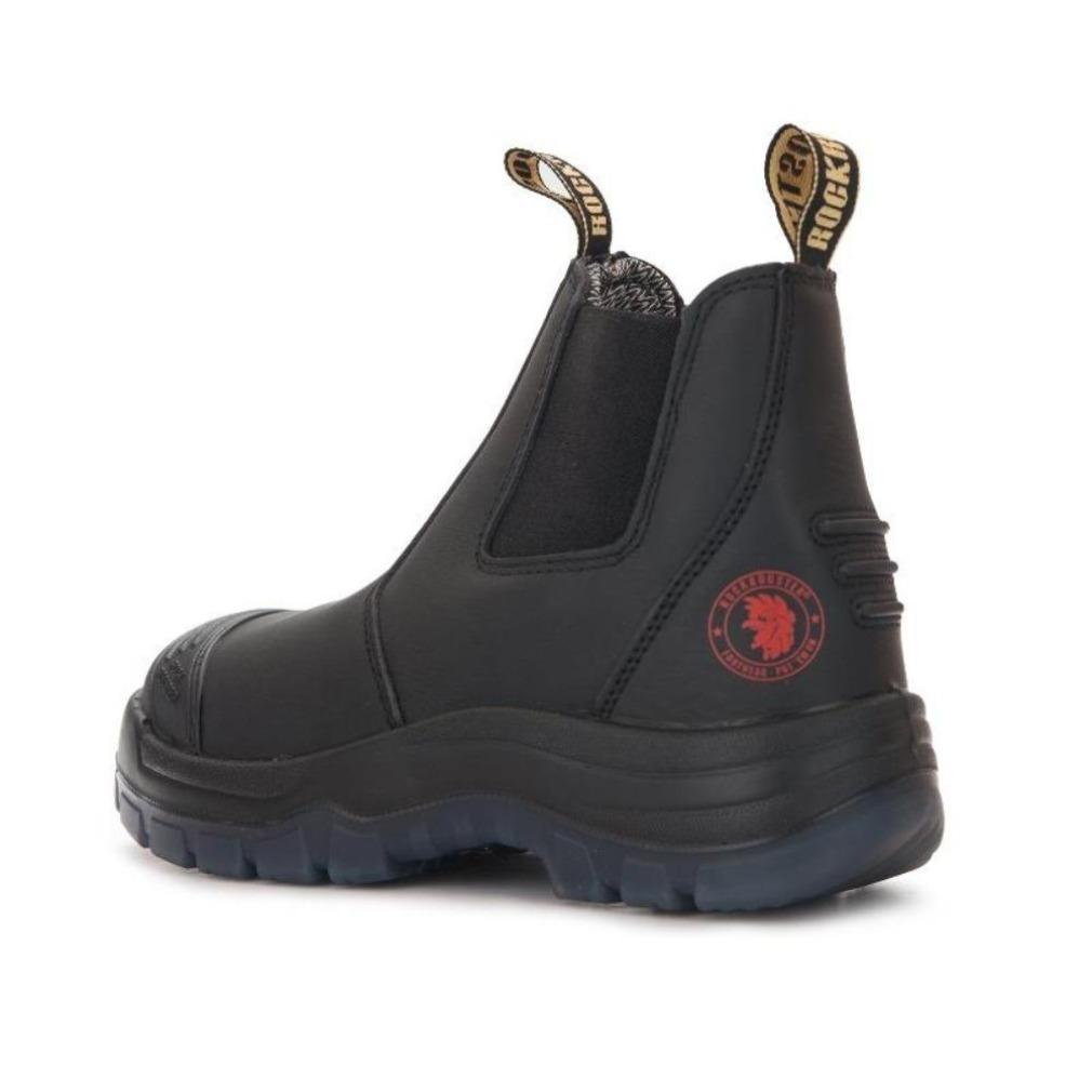 ROCKROOSTER Lumen Black 6 inch Pull on Leather Work Boots, showcasing durable leather and slip-resistant outsole.