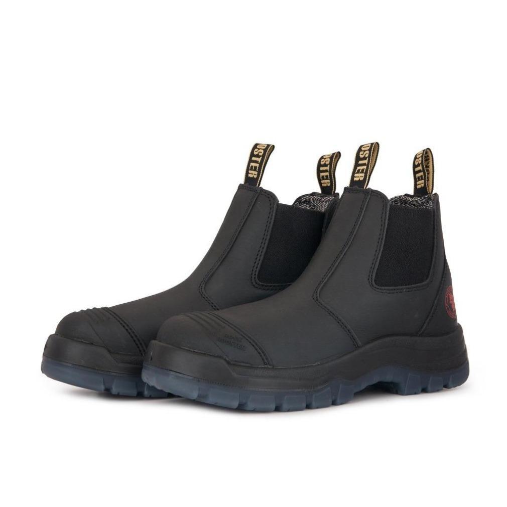 ROCKROOSTER Lumen Black 6 inch Pull on Leather Work Boots, showcasing durable leather and slip-resistant outsole.