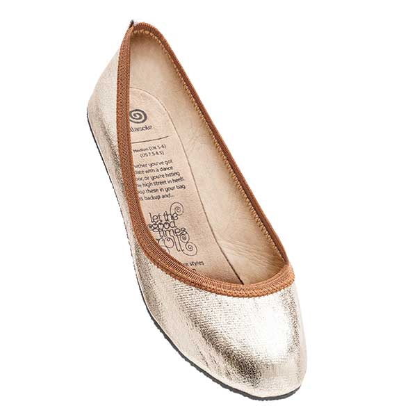 Rosie Gold Rollasoles in bronze and gold, featuring a luxurious sole and a stylish carry bag.