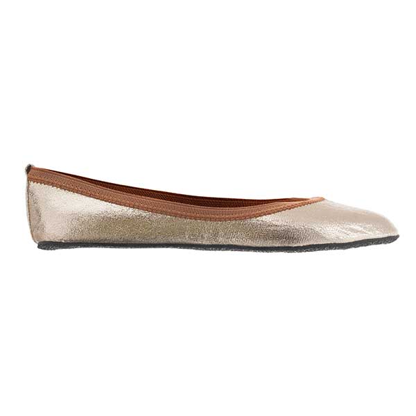 Rosie Gold Rollasoles in bronze and gold, featuring a luxurious sole and a stylish carry bag.