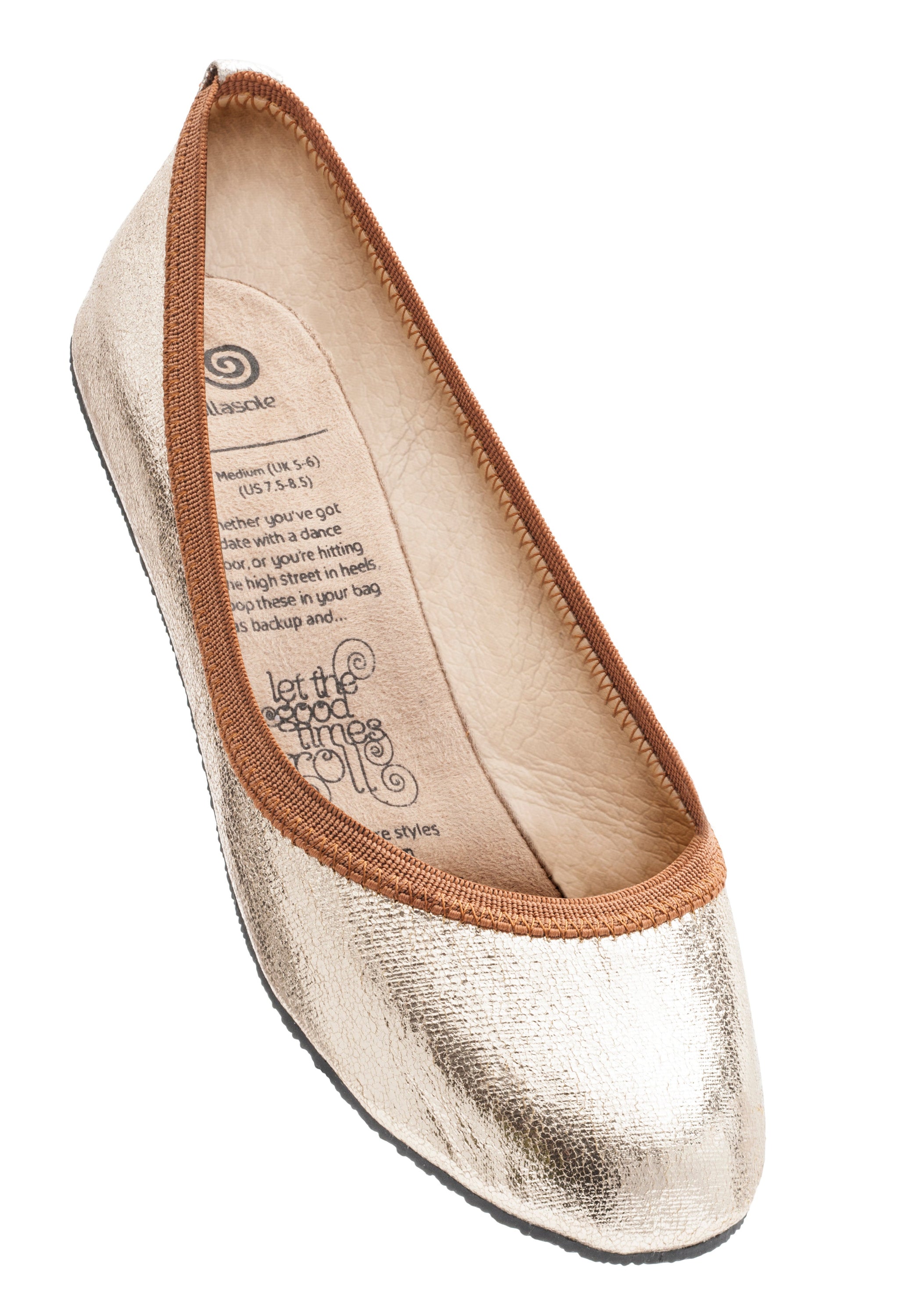 Rosie Gold Rollasoles in bronze and gold, featuring a luxurious sole and a stylish carry bag.