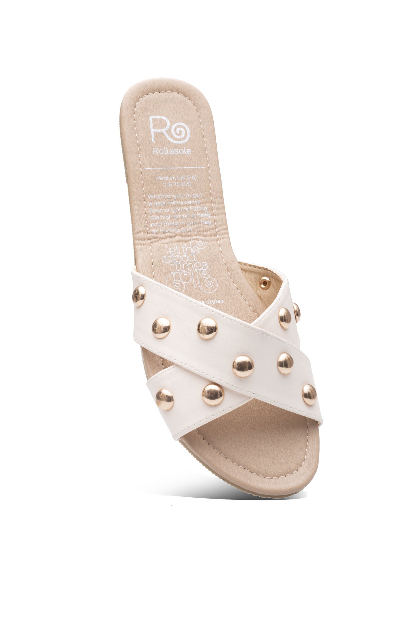 Cream studded folded sandals designed for comfort and style, perfect for nights out and everyday wear, featuring a high heel carry bag.