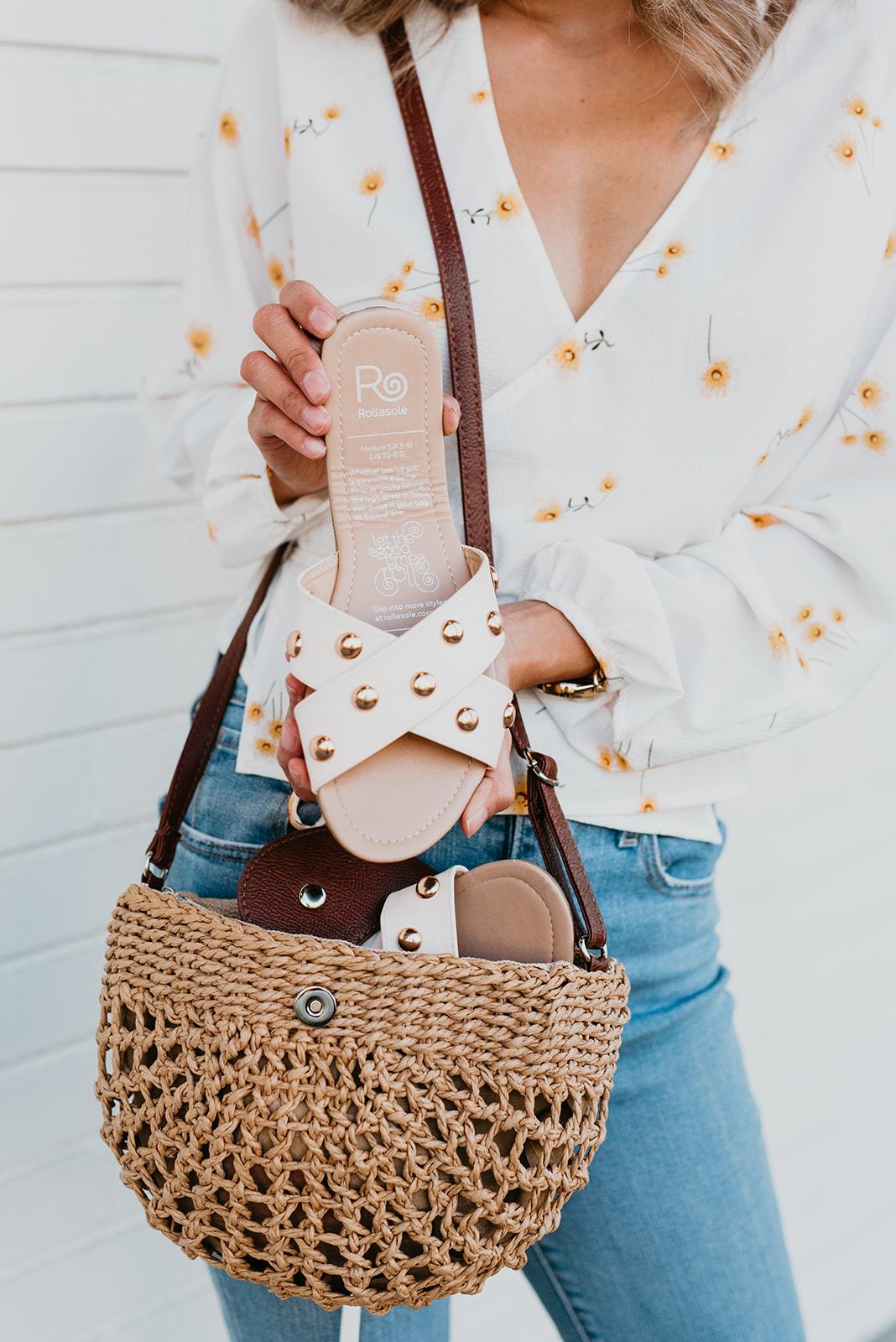 Cream studded folded sandals designed for comfort and style, perfect for nights out and everyday wear, featuring a high heel carry bag.