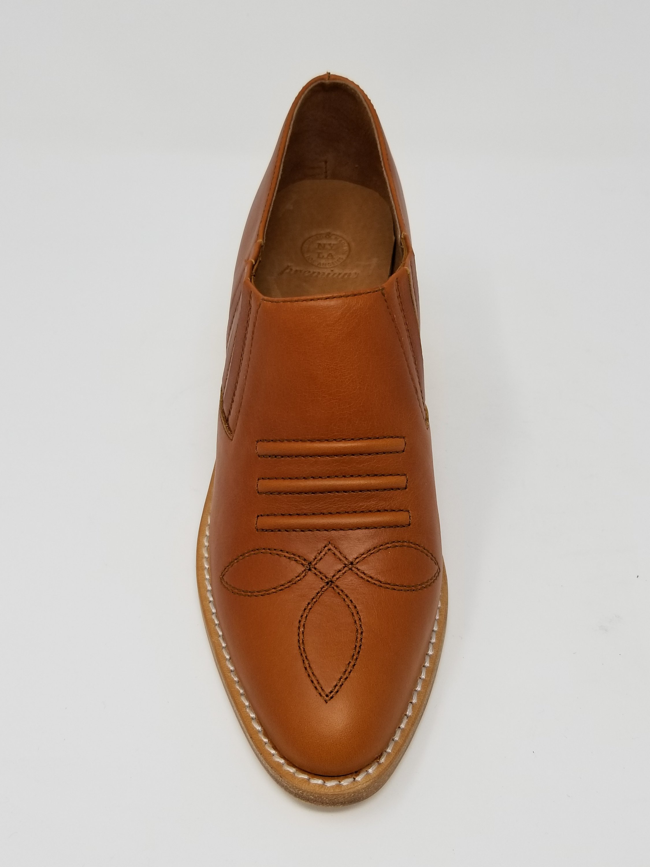 Santa Ana shoes featuring full leather upper, memory foam insole, and natural wood heel, crafted in Los Angeles.