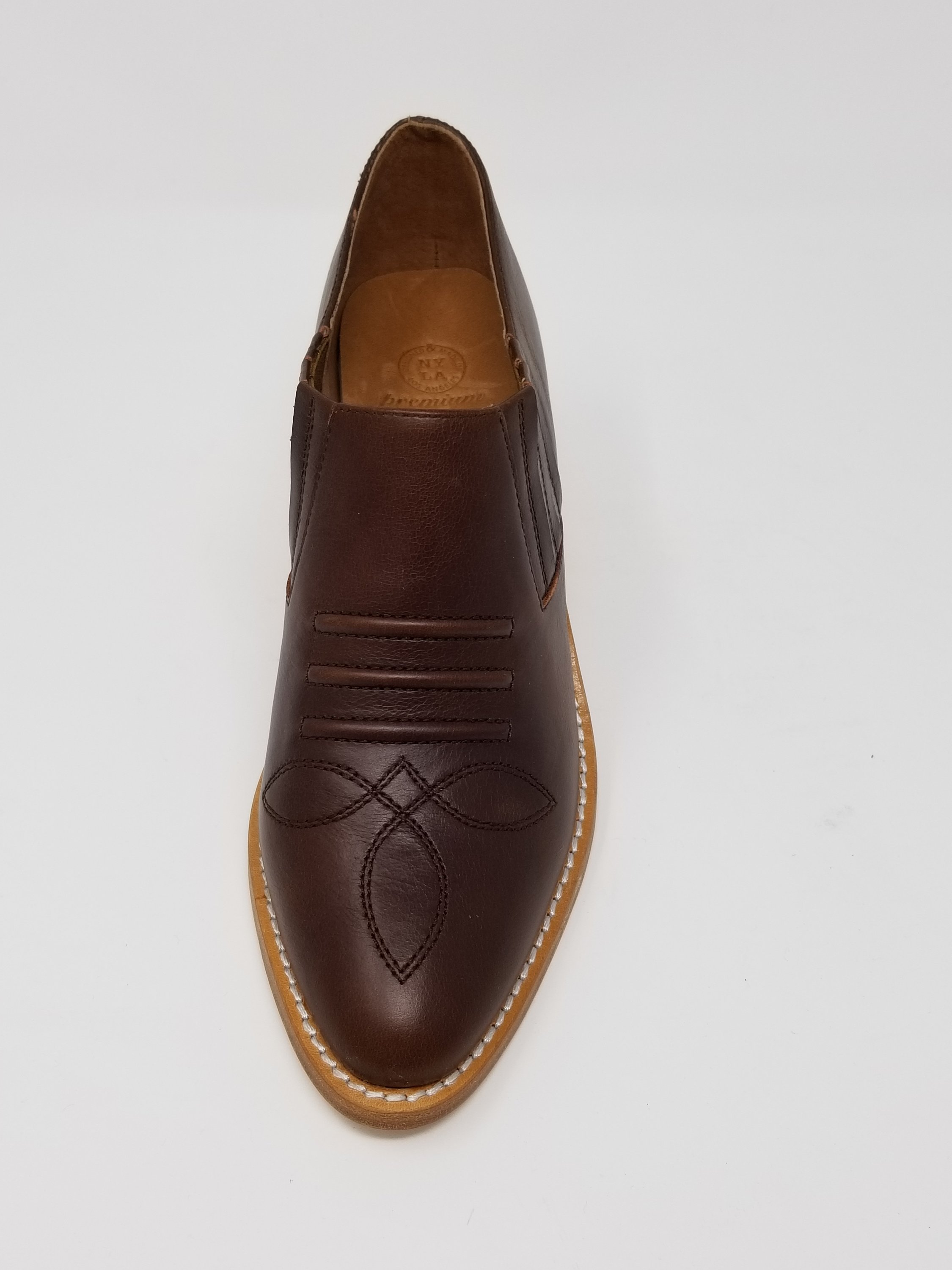 Santa Ana shoes featuring full leather upper, memory foam insole, and natural wood heel, crafted in Los Angeles.