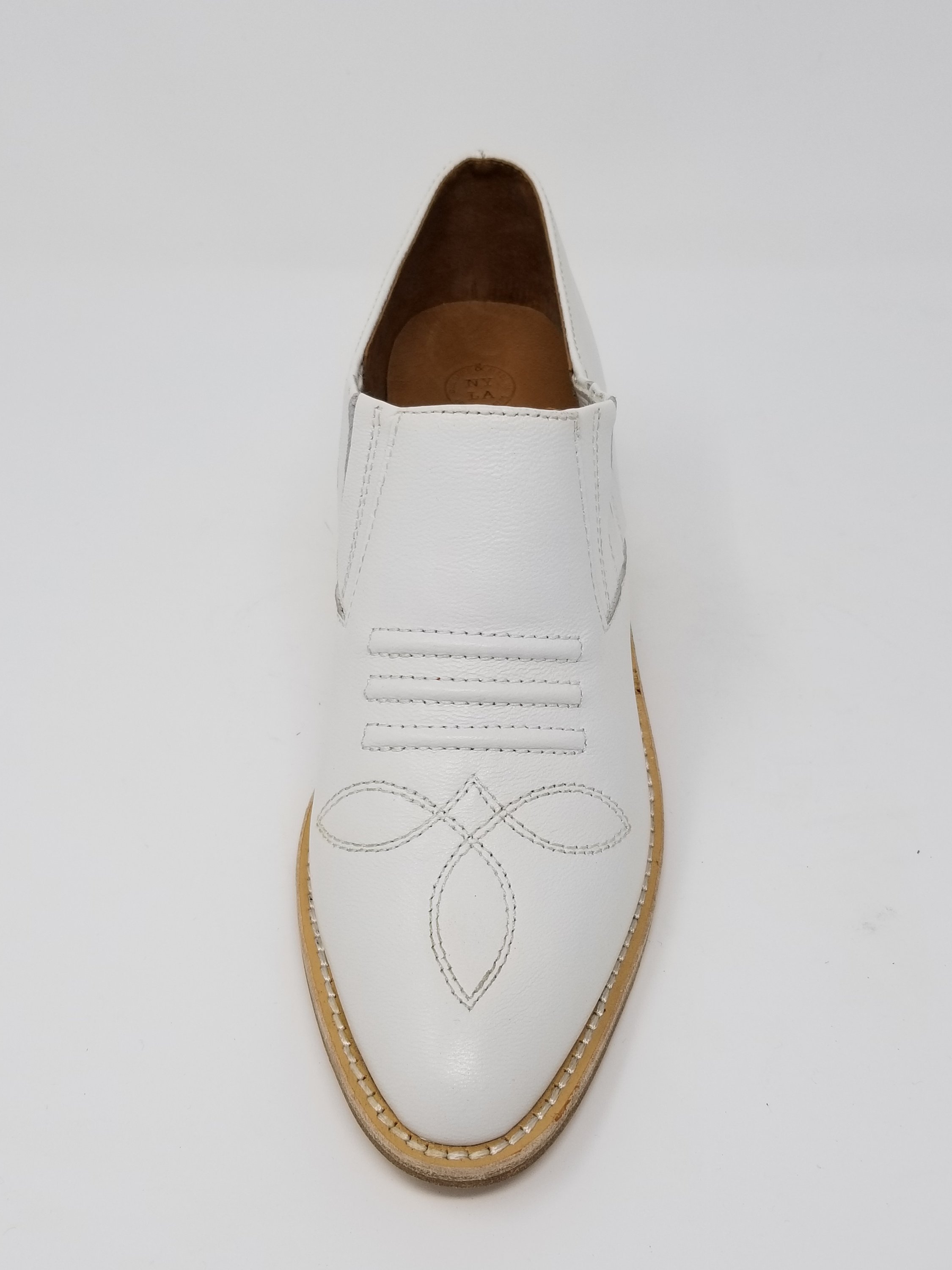 Santa Ana shoes featuring full leather upper, memory foam insole, and natural wood heel, crafted in Los Angeles.