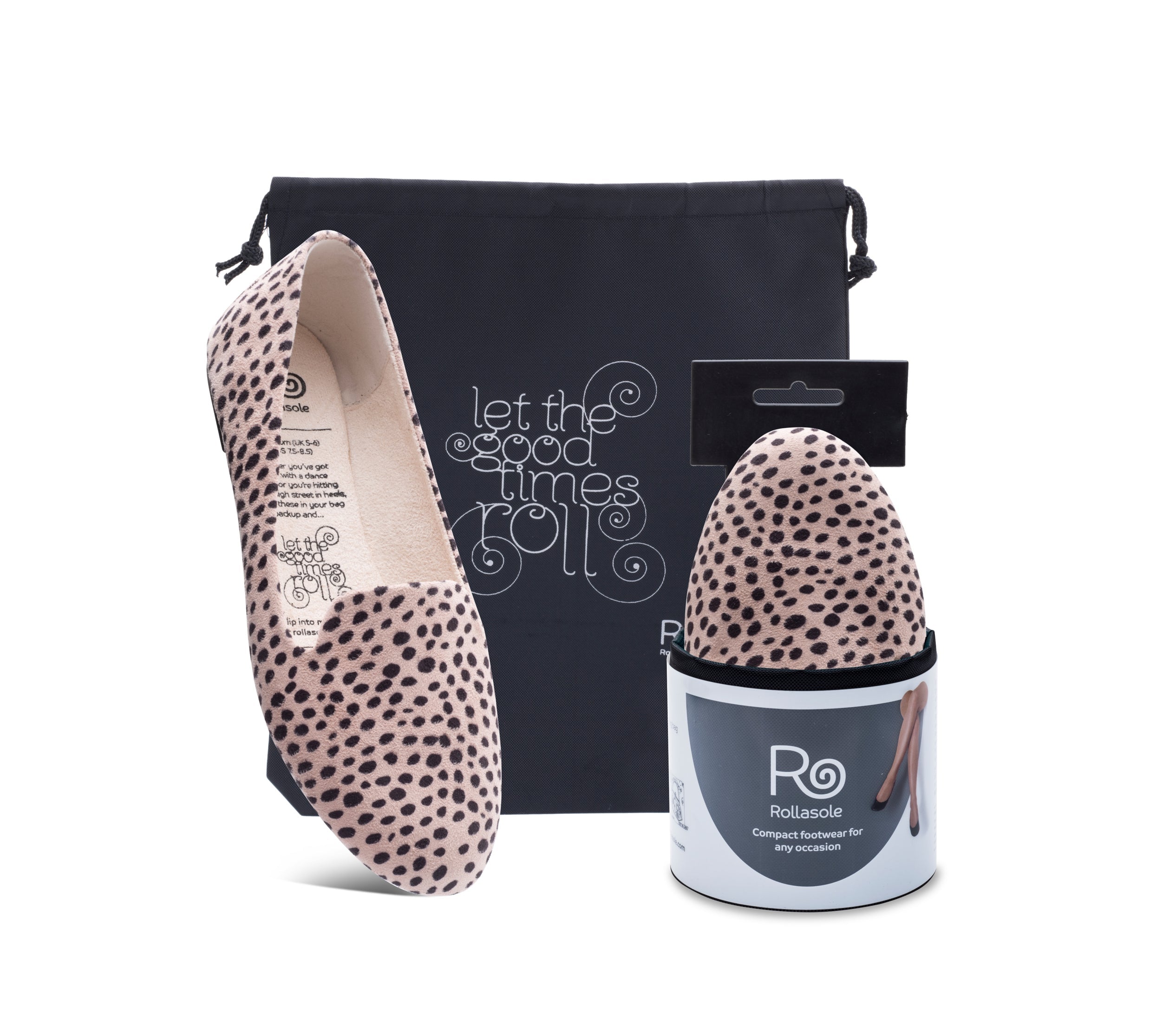 Savannah cheetah flats displayed with a stylish high heel carry bag, showcasing their trendy design and foldable feature.