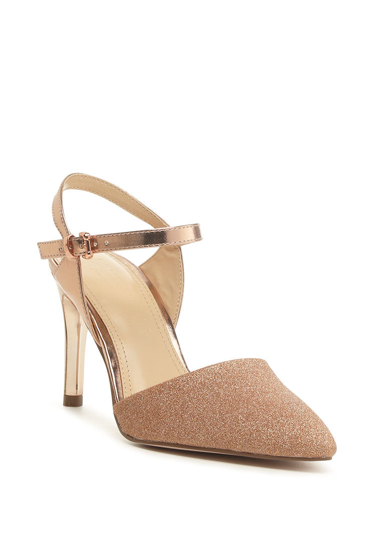 Sha Ankle Strap Slingback Stiletto Heel Sandals featuring a glitter vamp, closed pointed toe, and pin buckle fastening.