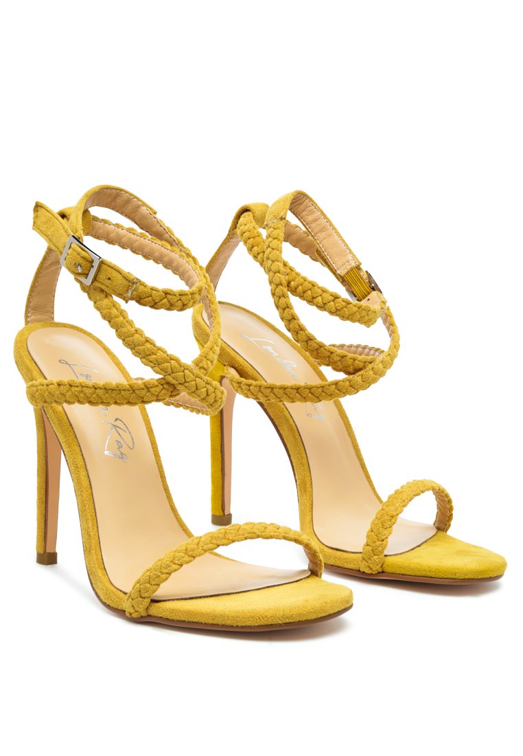 Elegant Sherri High Heeled Faux Suede Sandals featuring braided straps and a sling-back design, perfect for formal occasions.