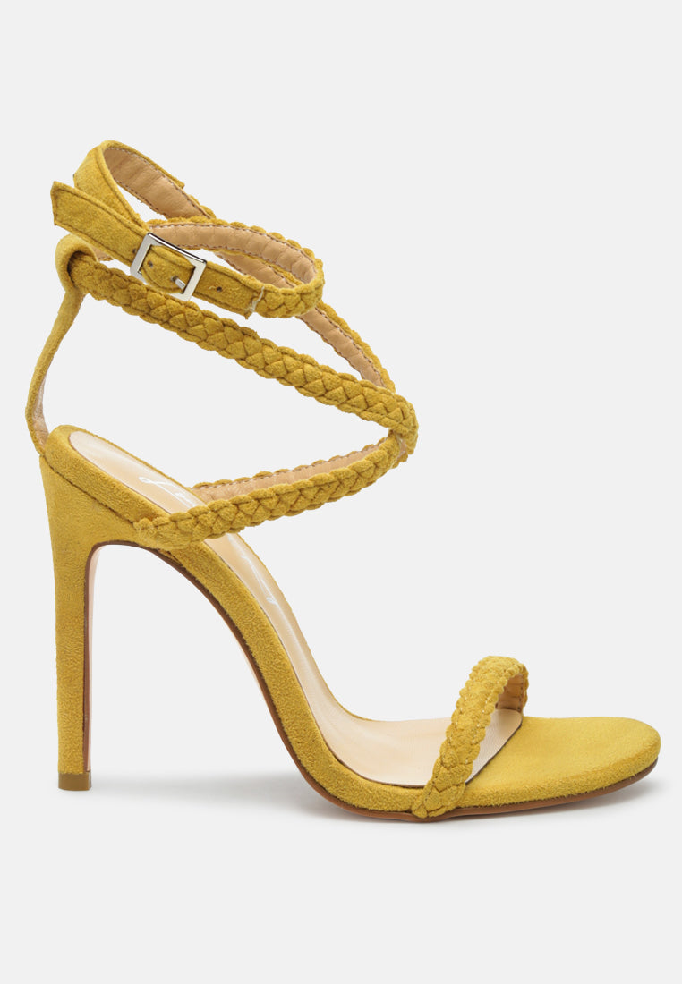 Elegant Sherri High Heeled Faux Suede Sandals featuring braided straps and a sling-back design, perfect for formal occasions.