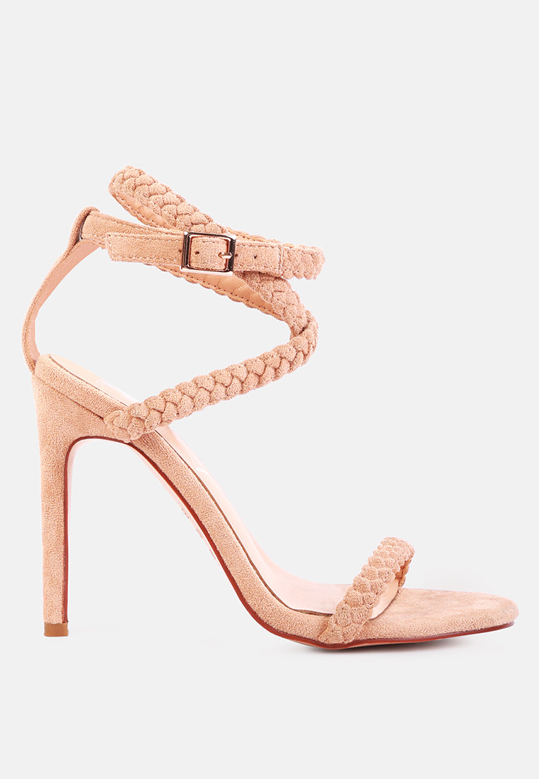 Elegant Sherri High Heeled Faux Suede Sandals featuring braided straps and a sling-back design, perfect for formal occasions.