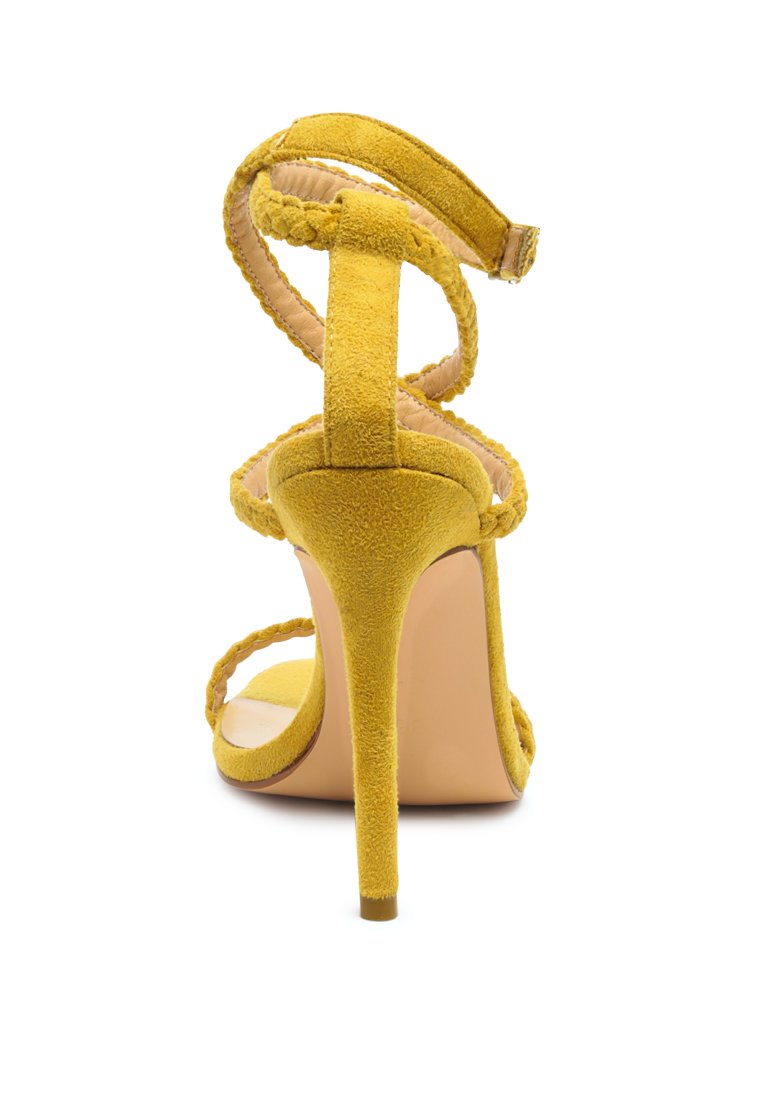 Elegant Sherri High Heeled Faux Suede Sandals featuring braided straps and a sling-back design, perfect for formal occasions.