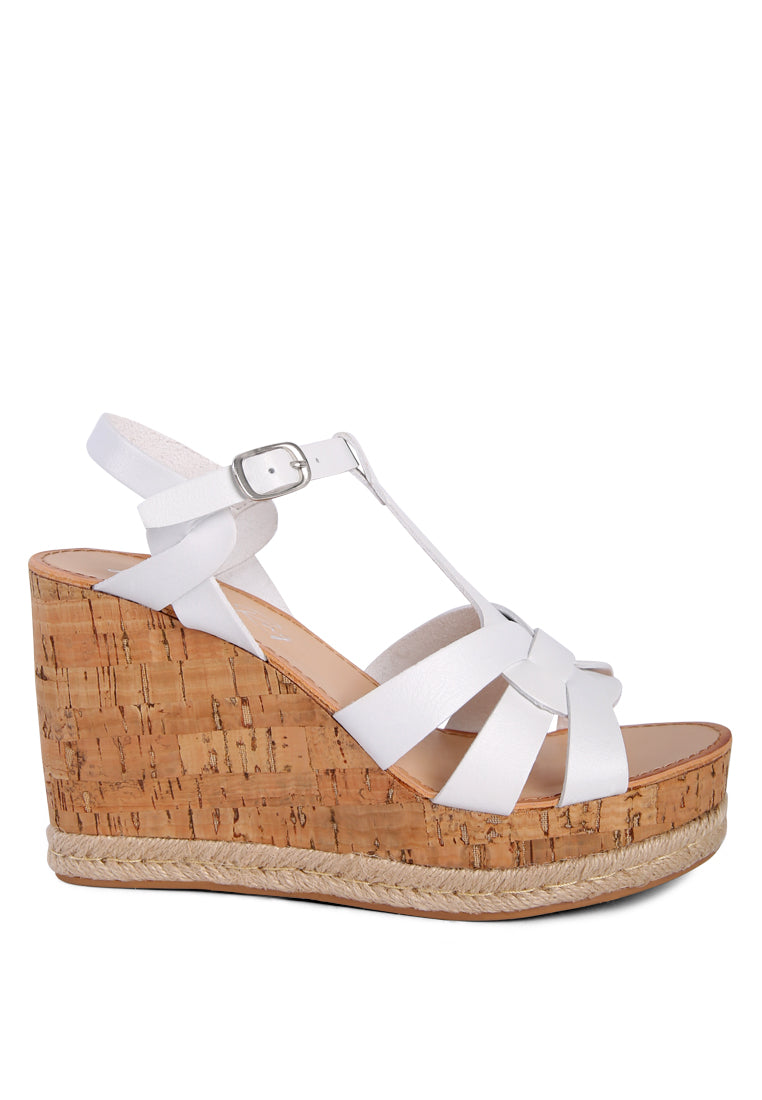 Sierra T-Strap High Wedge Sandals featuring braided straps and cork-textured wedges, perfect for summer wear.