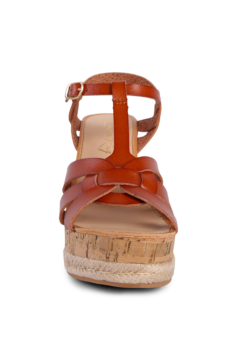 Sierra T-Strap High Wedge Sandals featuring braided straps and cork-textured wedges, perfect for summer wear.