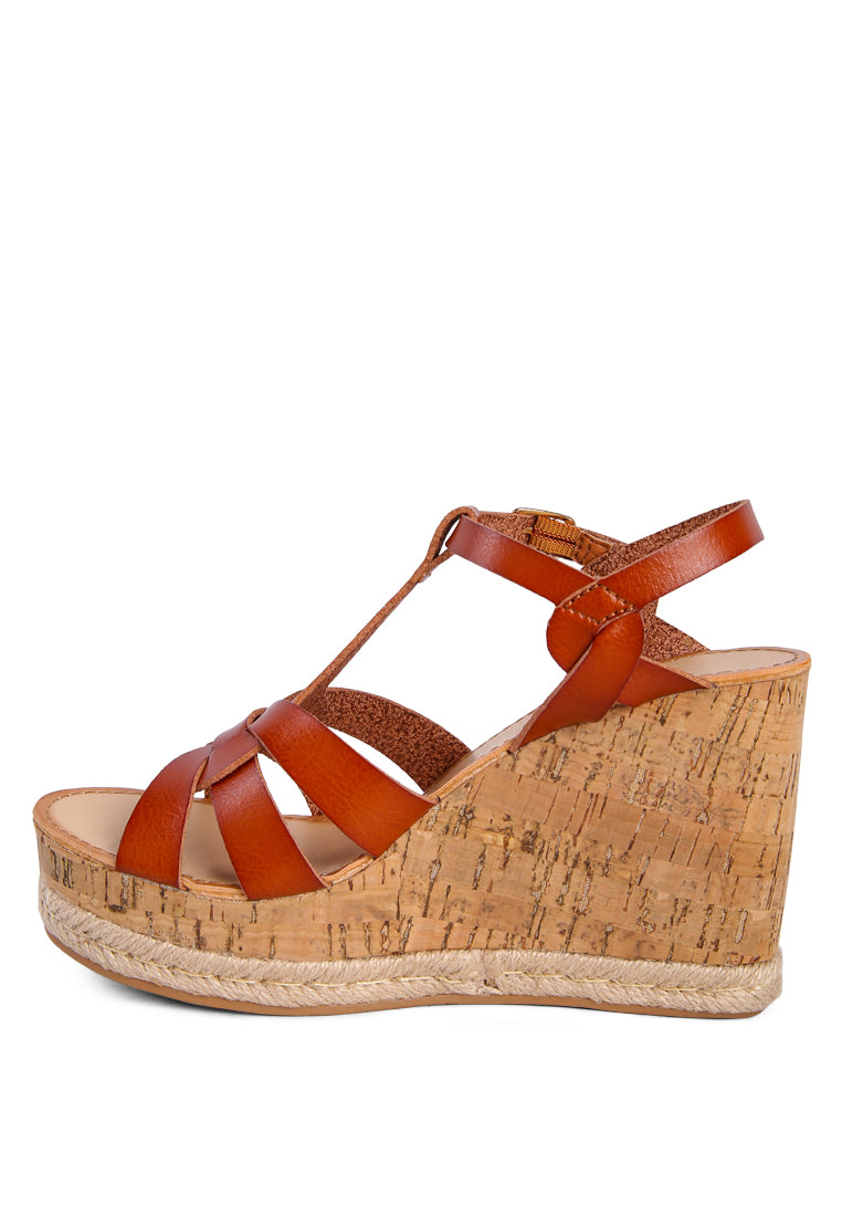 Sierra T-Strap High Wedge Sandals featuring braided straps and cork-textured wedges, perfect for summer wear.