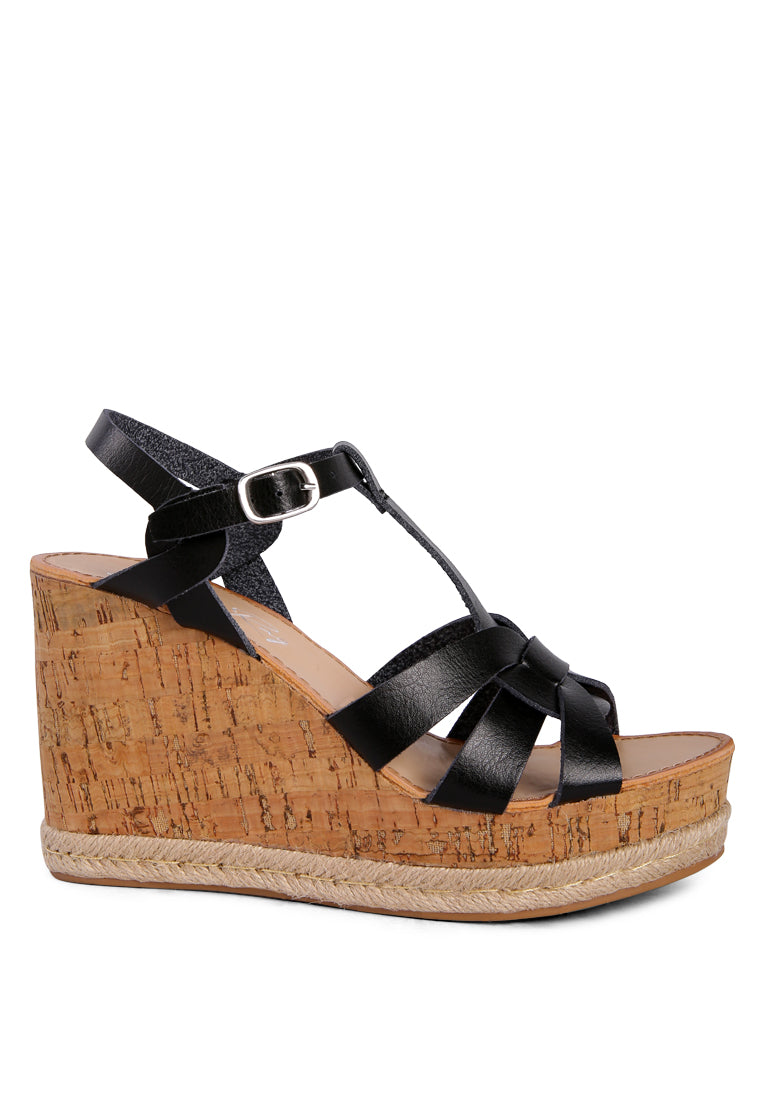 Sierra T-Strap High Wedge Sandals featuring braided straps and cork-textured wedges, perfect for summer wear.