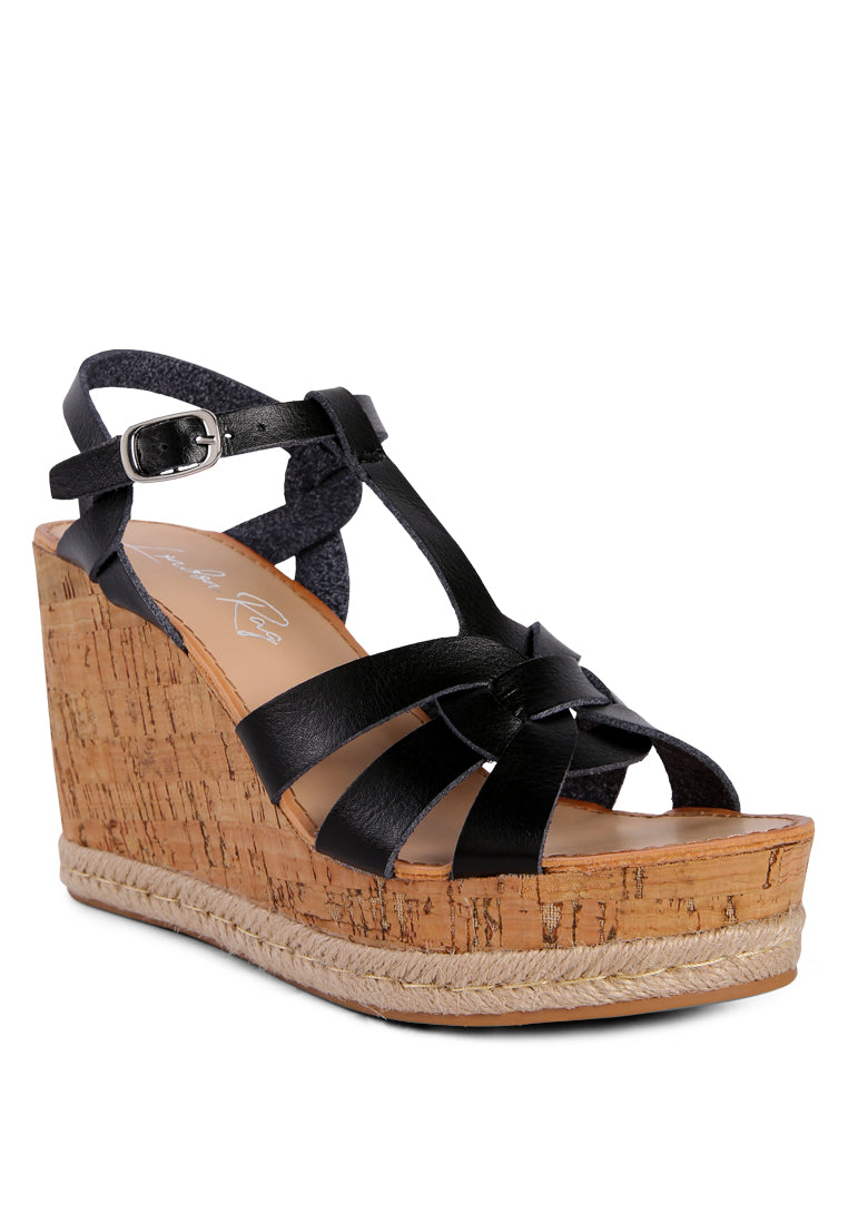 Sierra T-Strap High Wedge Sandals featuring braided straps and cork-textured wedges, perfect for summer wear.