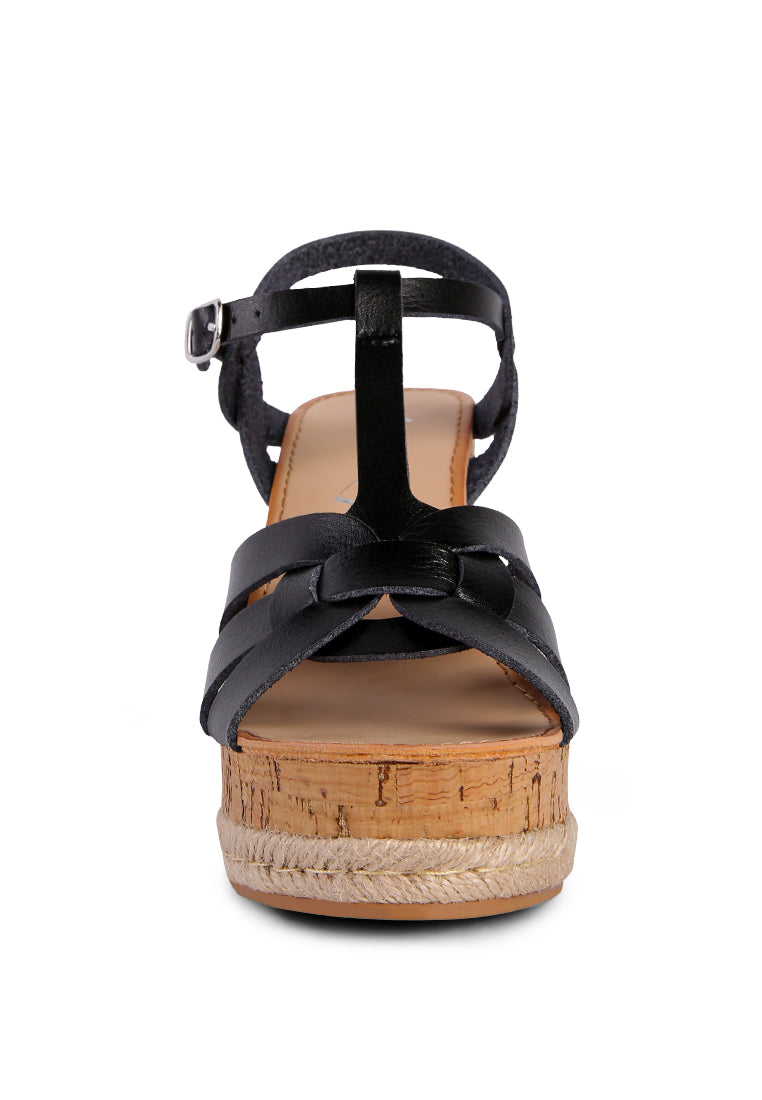 Sierra T-Strap High Wedge Sandals featuring braided straps and cork-textured wedges, perfect for summer wear.