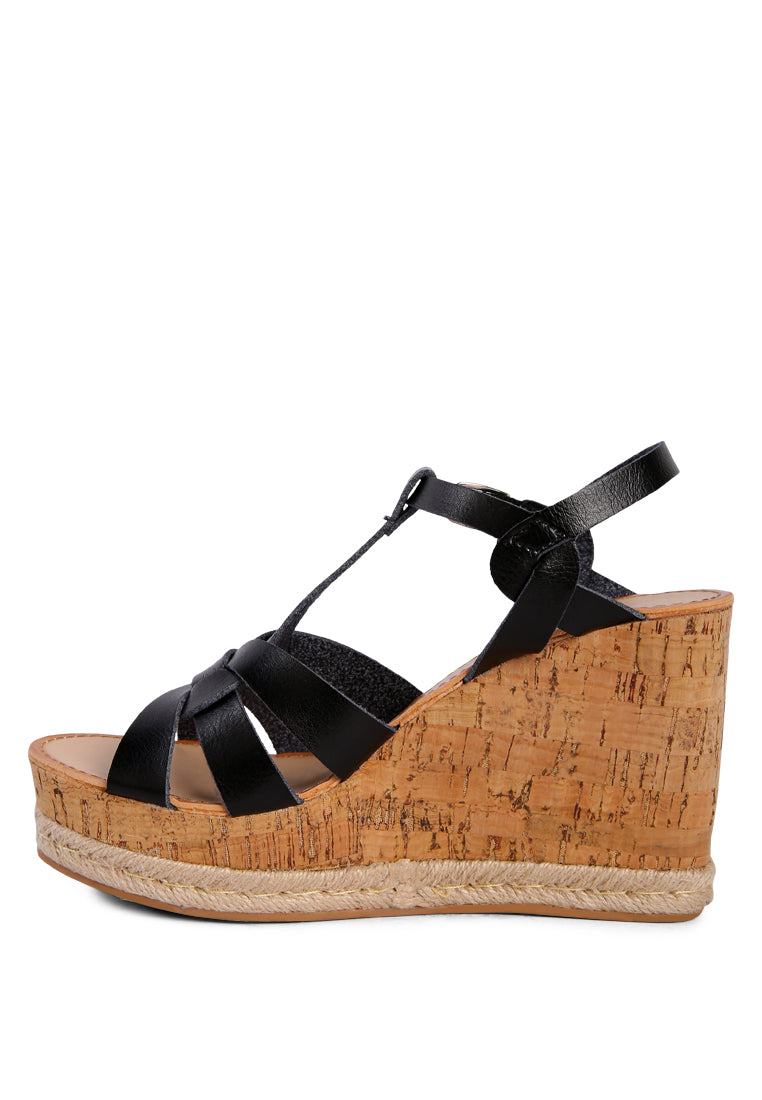 Sierra T-Strap High Wedge Sandals featuring braided straps and cork-textured wedges, perfect for summer wear.