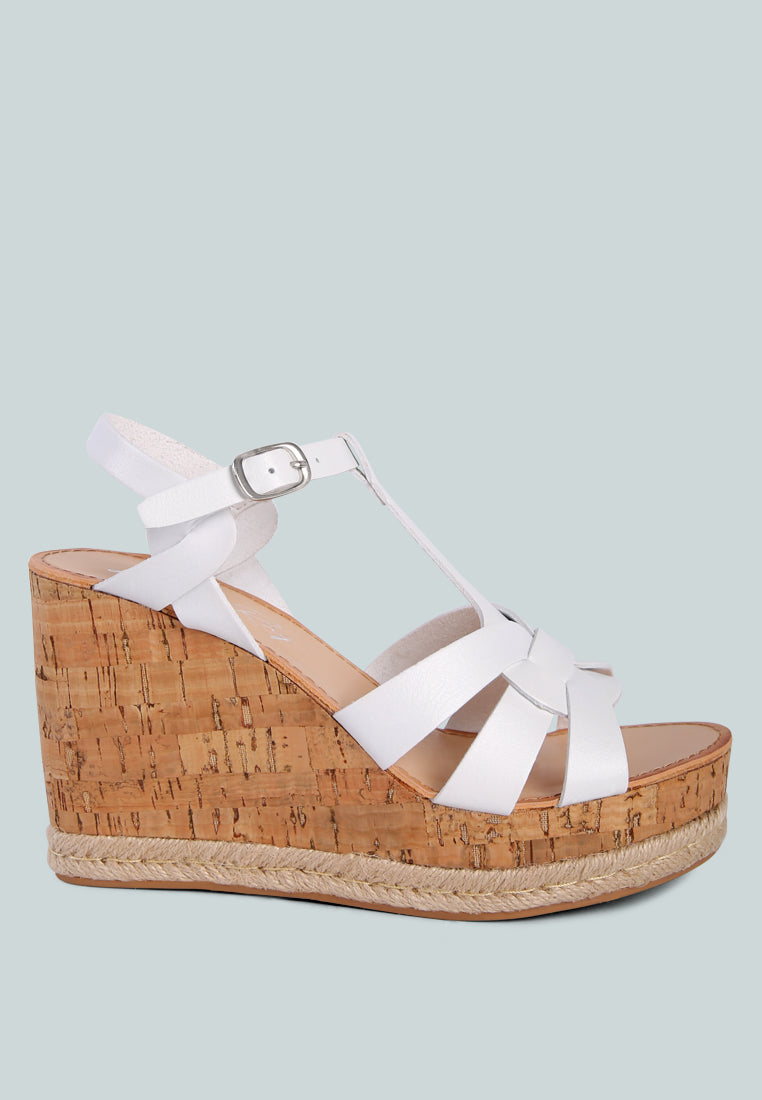 Sierra T-Strap High Wedge Sandals featuring braided straps and cork-textured wedges, perfect for summer wear.