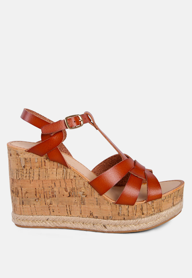 Sierra T-Strap High Wedge Sandals featuring braided straps and cork-textured wedges, perfect for summer wear.