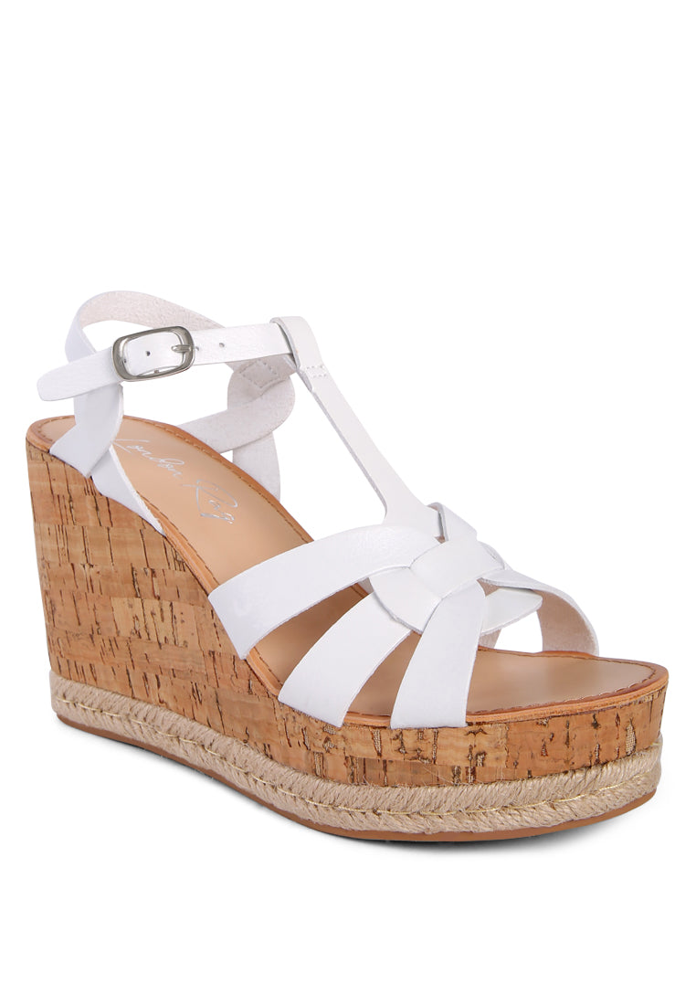 Sierra T-Strap High Wedge Sandals featuring braided straps and cork-textured wedges, perfect for summer wear.