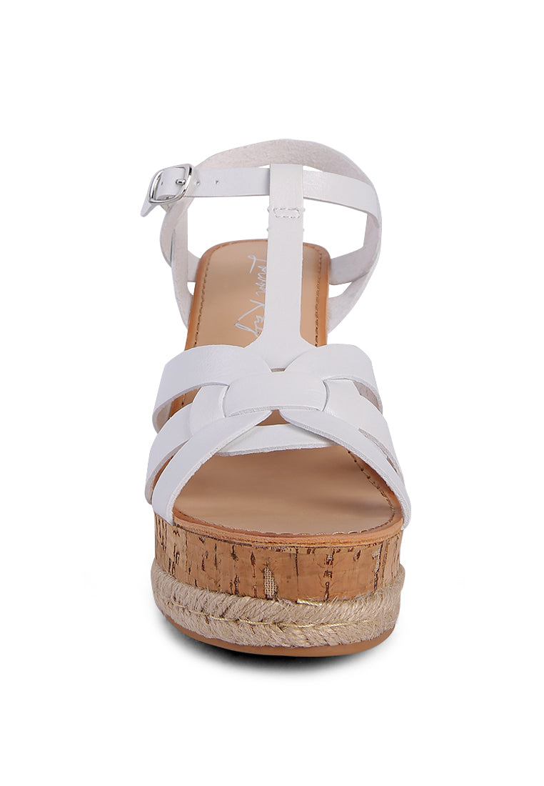 Sierra T-Strap High Wedge Sandals featuring braided straps and cork-textured wedges, perfect for summer wear.