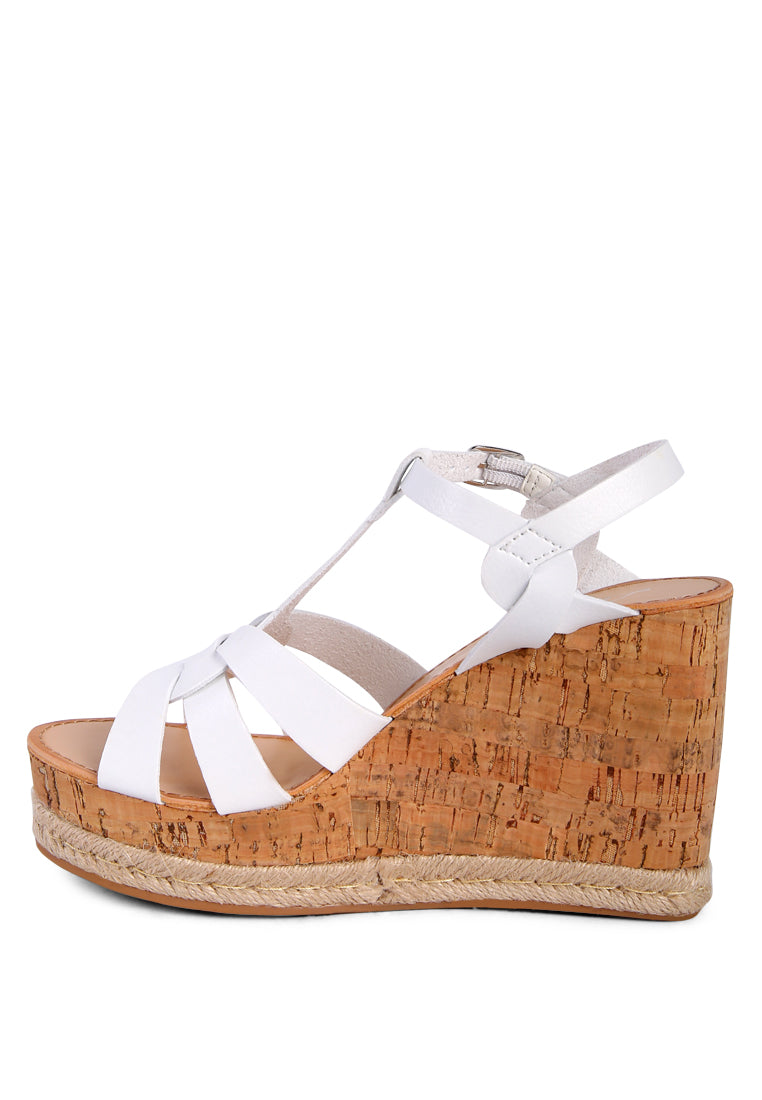 Sierra T-Strap High Wedge Sandals featuring braided straps and cork-textured wedges, perfect for summer wear.