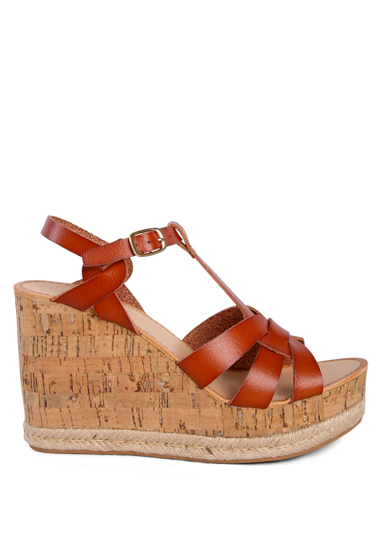 Sierra T-Strap High Wedge Sandals featuring braided straps and cork-textured wedges, perfect for summer wear.