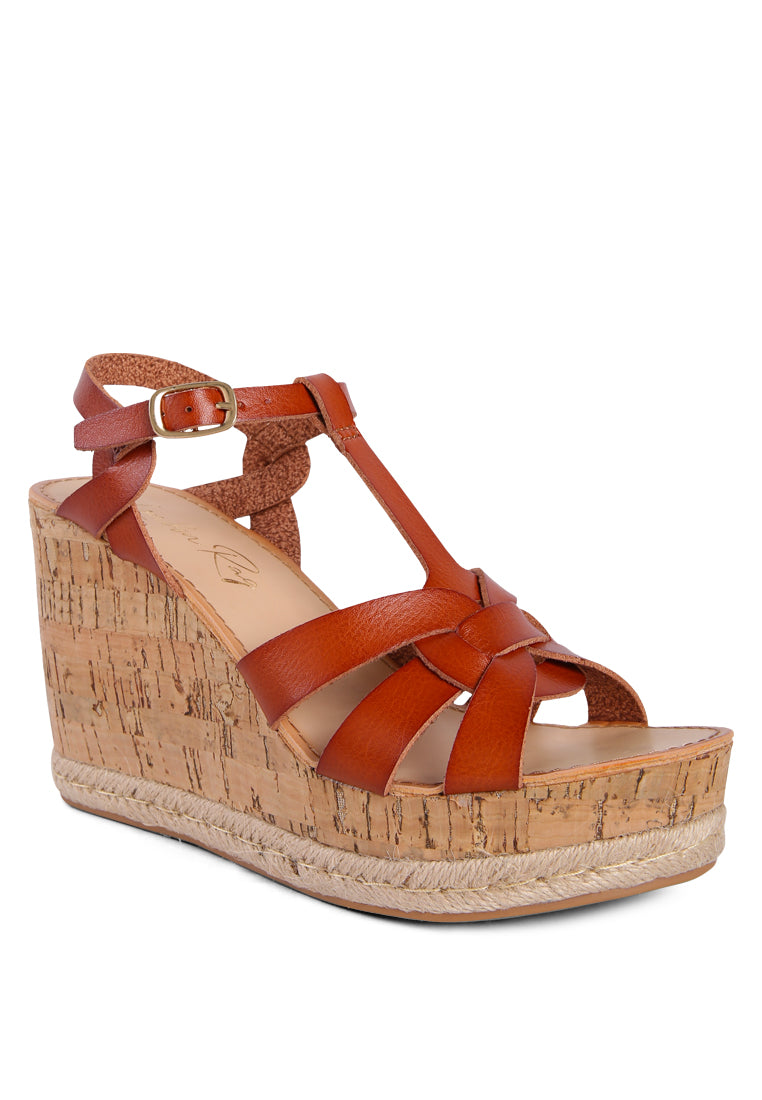 Sierra T-Strap High Wedge Sandals featuring braided straps and cork-textured wedges, perfect for summer wear.