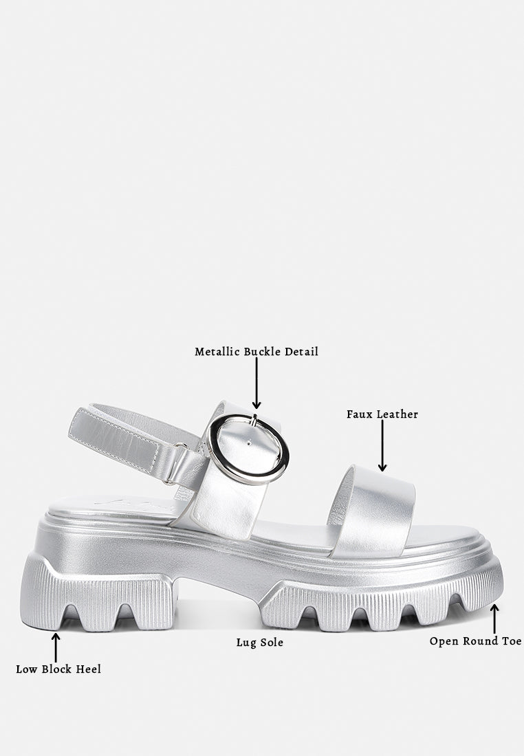 Silas Metallic Chunky Sandals featuring a rugged lug sole and glamorous metallic finish, designed for comfort and style.