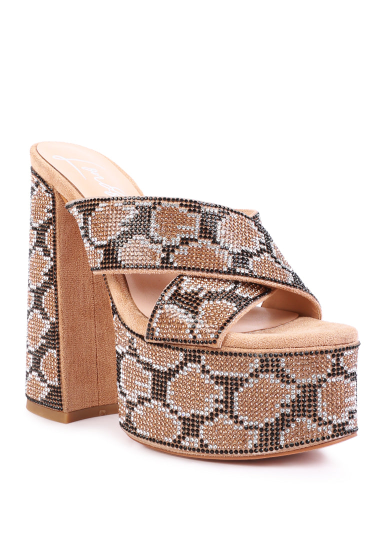 Sinful High Platform Patterned Diamante Slides featuring rhinestone studded faux leather and a padded insole for comfort.