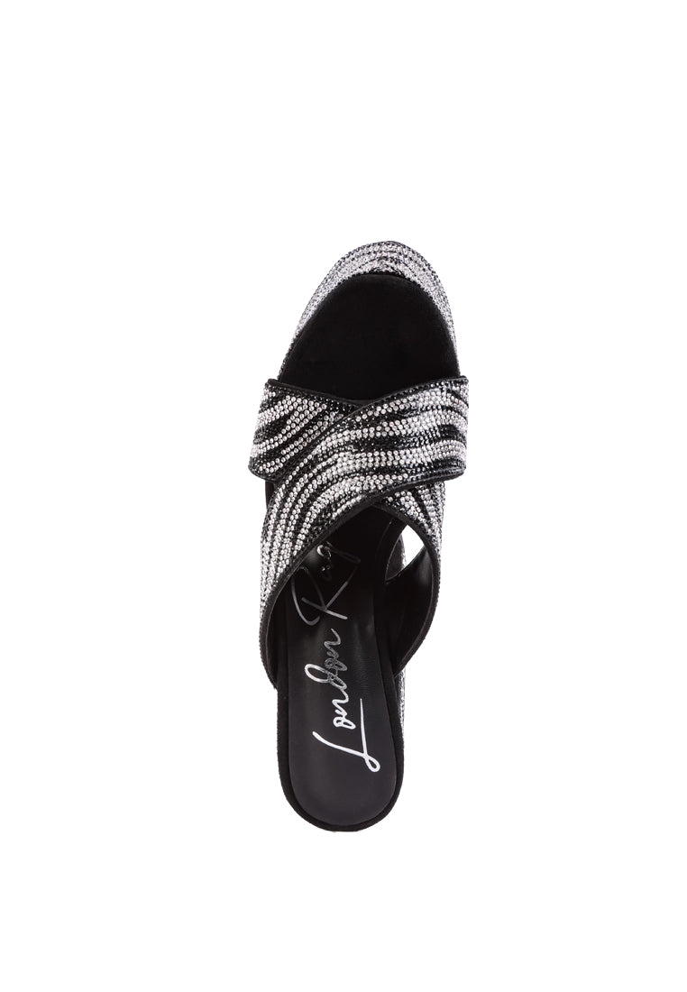 Sinful High Platform Patterned Diamante Slides featuring rhinestone studded faux leather and a padded insole for comfort.