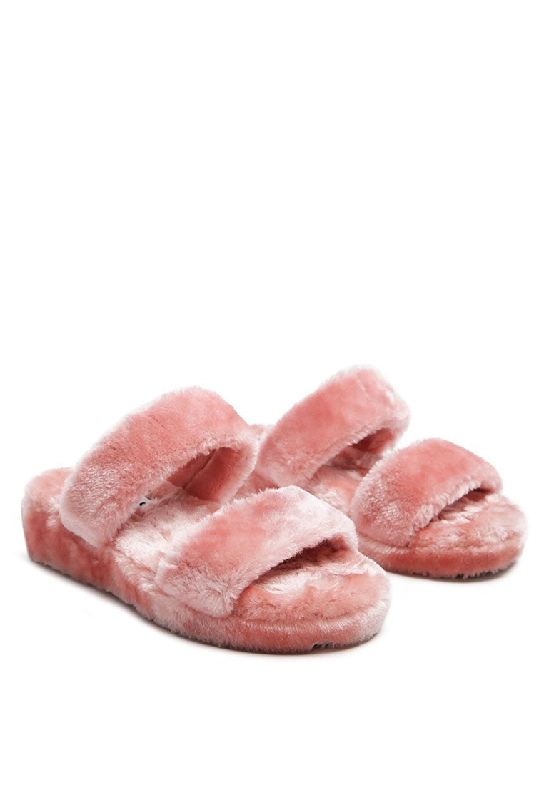 Smoothie Fur Slip-On Flats showcasing luxurious fur upper, soft insole, and durable outsole, perfect for indoor wear.