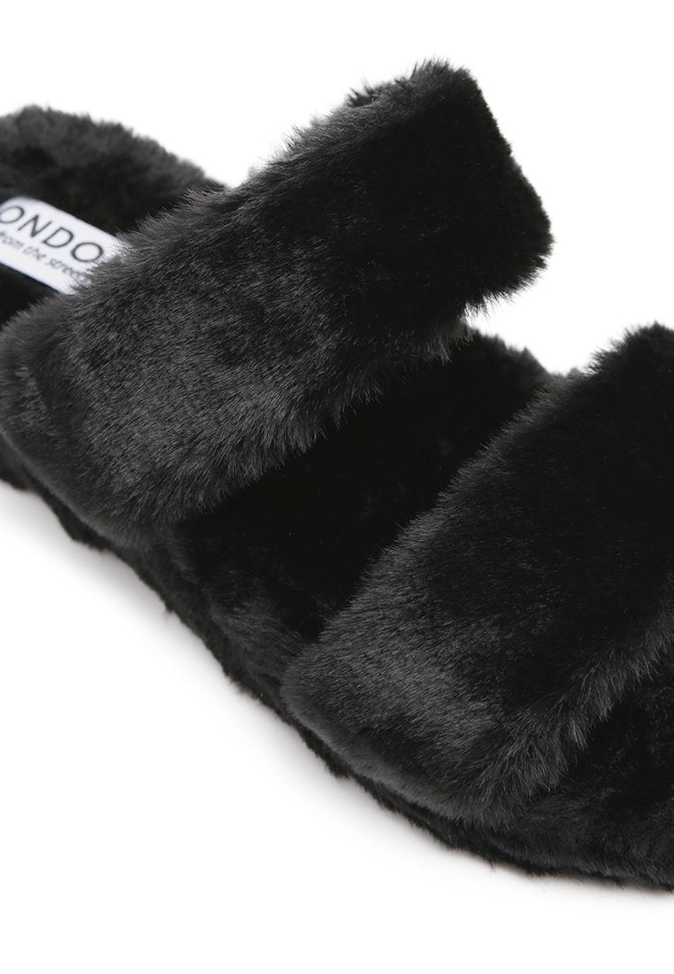 Smoothie Fur Slip-On Flats showcasing luxurious fur upper, soft insole, and durable outsole, perfect for indoor wear.