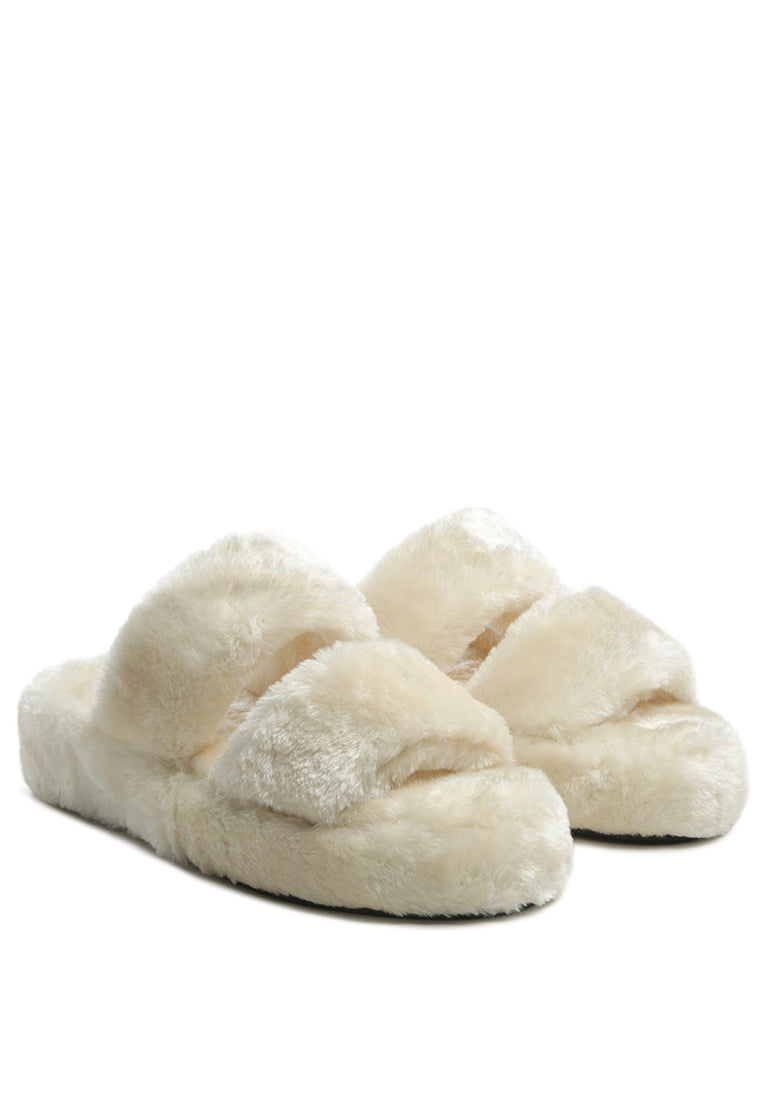 Smoothie Fur Slip-On Flats showcasing luxurious fur upper, soft insole, and durable outsole, perfect for indoor wear.