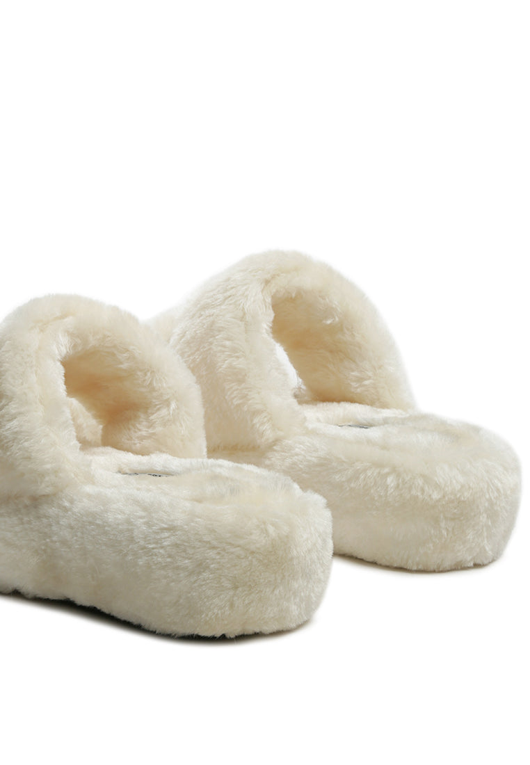 Smoothie Fur Slip-On Flats showcasing luxurious fur upper, soft insole, and durable outsole, perfect for indoor wear.