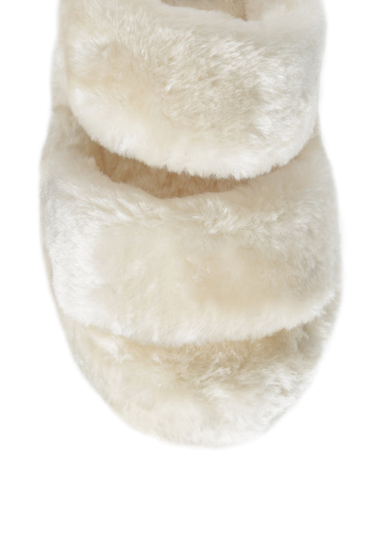 Smoothie Fur Slip-On Flats showcasing luxurious fur upper, soft insole, and durable outsole, perfect for indoor wear.