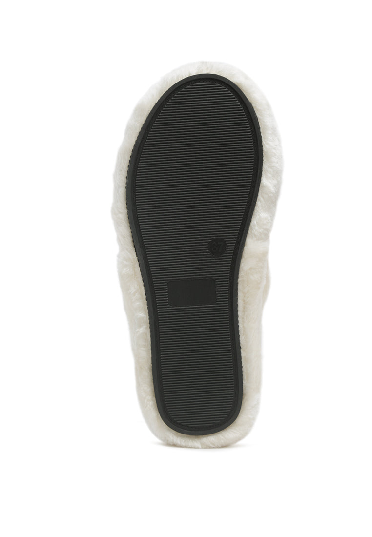 Smoothie Fur Slip-On Flats showcasing luxurious fur upper, soft insole, and durable outsole, perfect for indoor wear.