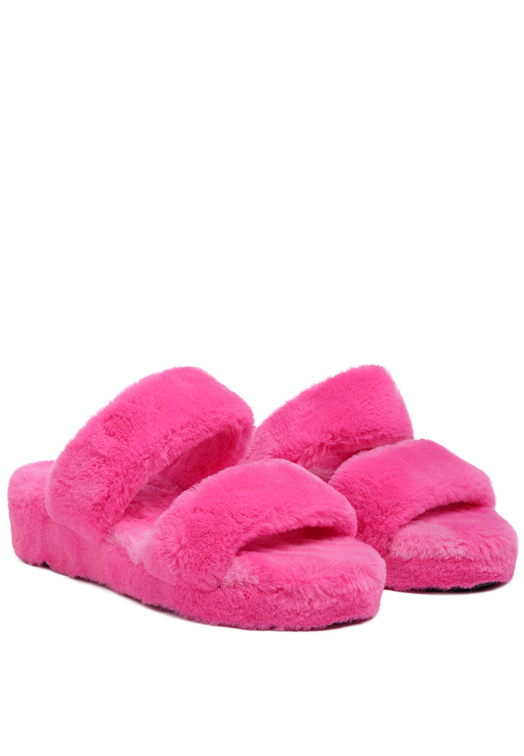 Smoothie Fur Slip-On Flats showcasing luxurious fur upper, soft insole, and durable outsole, perfect for indoor wear.