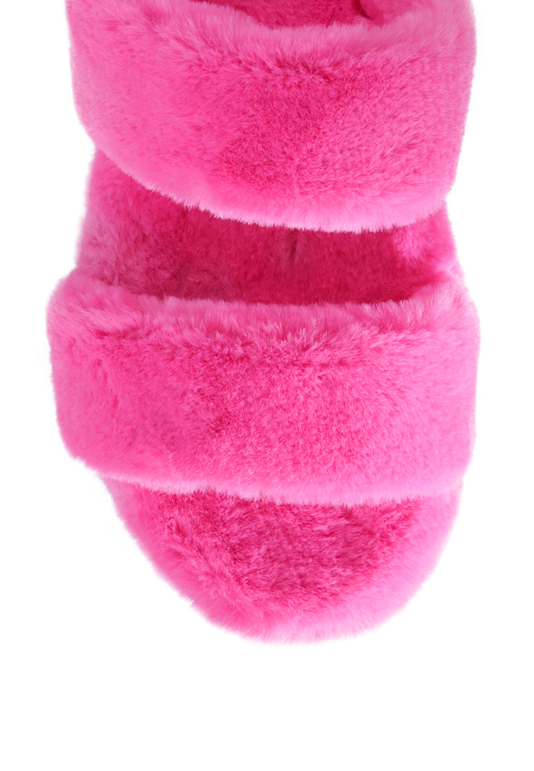 Smoothie Fur Slip-On Flats showcasing luxurious fur upper, soft insole, and durable outsole, perfect for indoor wear.