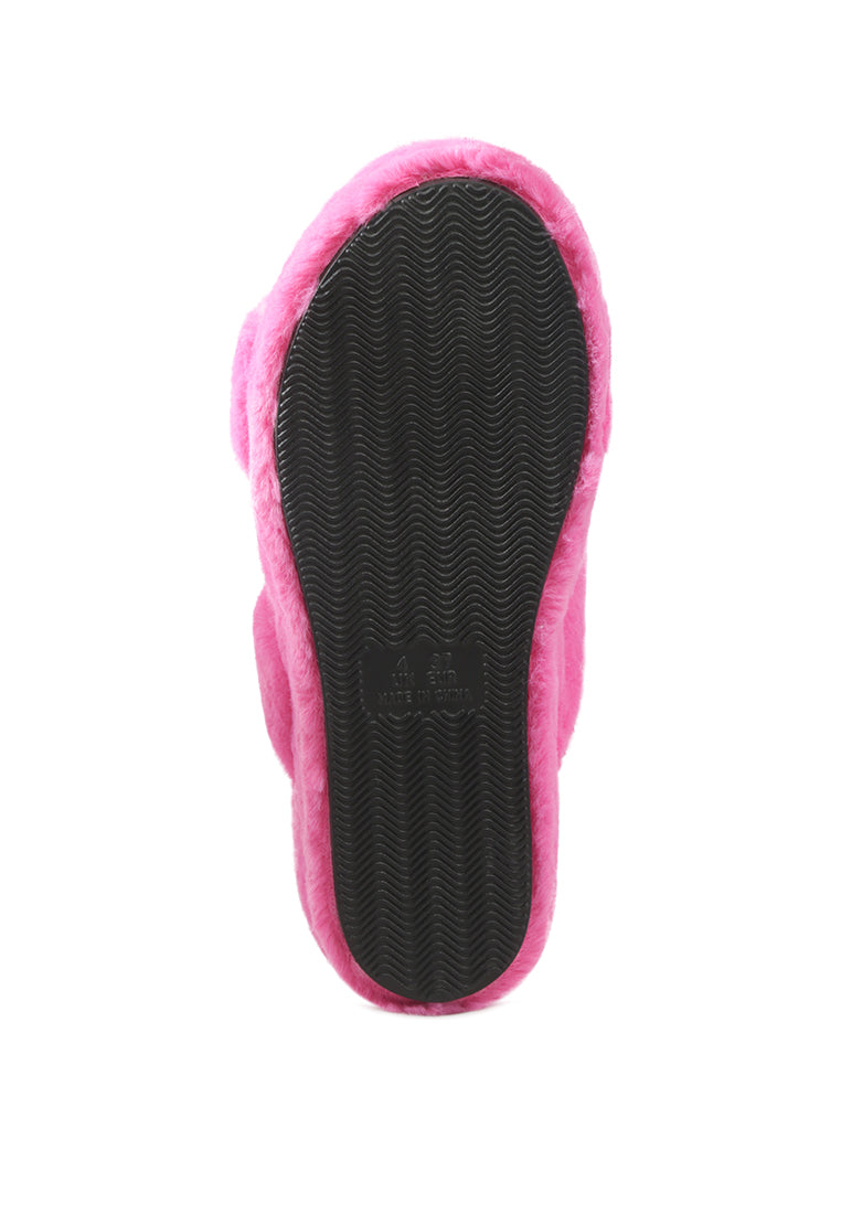 Smoothie Fur Slip-On Flats showcasing luxurious fur upper, soft insole, and durable outsole, perfect for indoor wear.